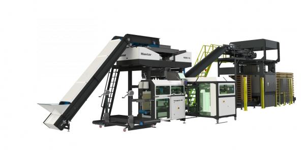 Complete verpakkingslijn Manter en Solidtec palletiseermachine Complete verpakkingslijn Manter en Solidtec palletiseermachine